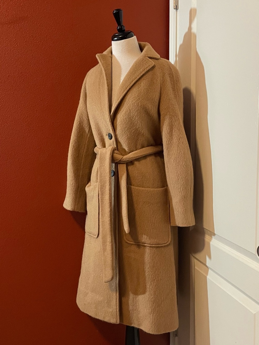 Apiece Apart Women’s Taos Mohair Wool Blend Tan Wrap Two Button Long Trench Coat